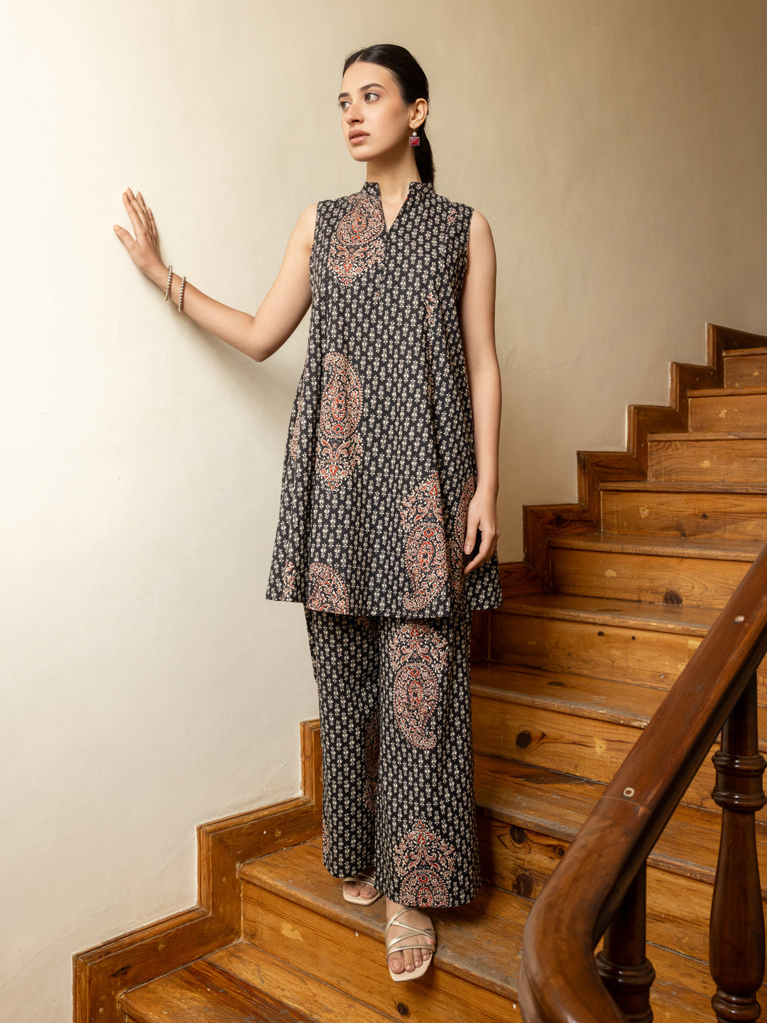 FIORRA Women's Black Printed Cotton Co-ord Set